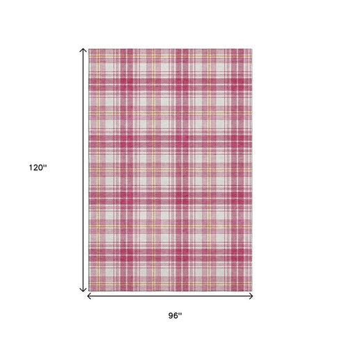 8' X 10' Blush Ivory And Orange Plaid Washable Area Rug With UV Protection