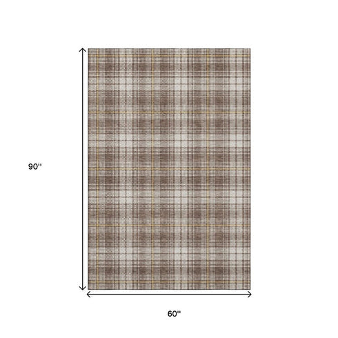 5' X 8' Brown Ivory And Gold Plaid Washable Area Rug With UV Protection