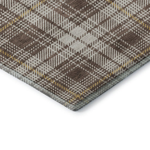 5' X 8' Brown Ivory And Gold Plaid Washable Area Rug With UV Protection