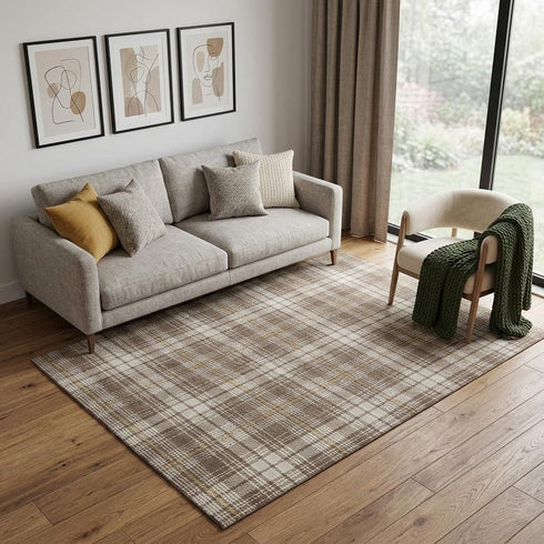 5' X 8' Brown Ivory And Gold Plaid Washable Area Rug With UV Protection