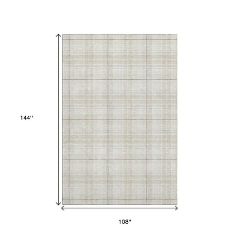 9' X 12' Ivory Brown And Beige Plaid Washable Area Rug With UV Protection