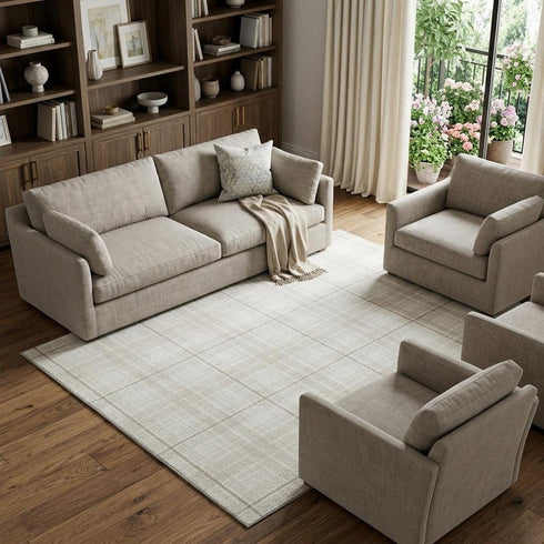 9' X 12' Ivory Brown And Beige Plaid Washable Area Rug With UV Protection