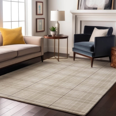 9' X 12' Ivory Brown And Beige Plaid Washable Area Rug With UV Protection