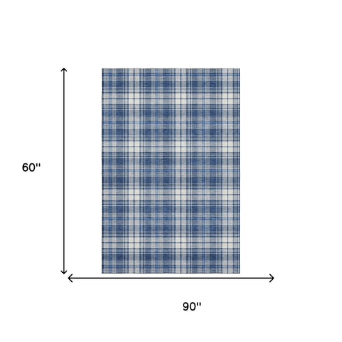 5' X 8' Navy Blue And Ivory Plaid Washable Area Rug With UV Protection