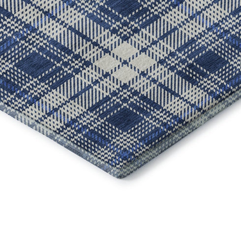 5' X 8' Navy Blue And Ivory Plaid Washable Area Rug With UV Protection
