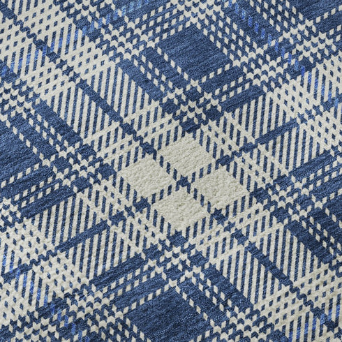 5' X 8' Navy Blue And Ivory Plaid Washable Area Rug With UV Protection