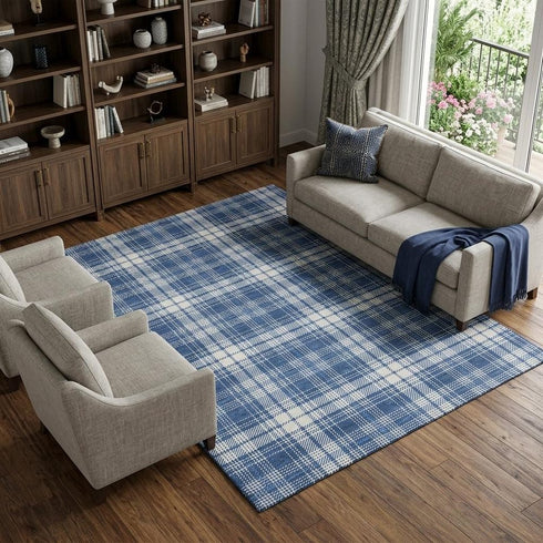 8' X 10' Navy Blue And Ivory Plaid Washable Area Rug With UV Protection