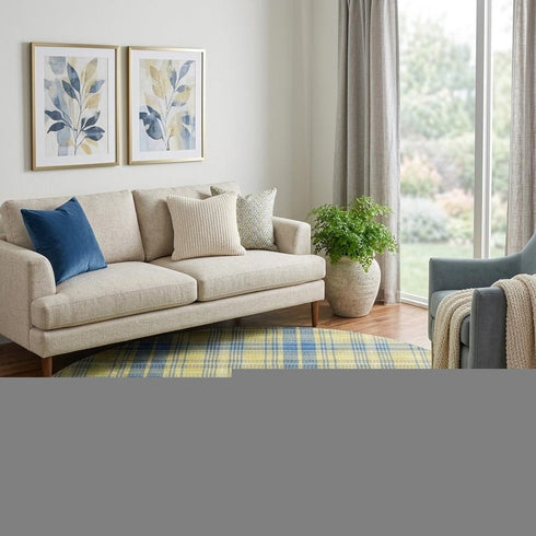 8' Yellow Ivory And Blue Plaid Washable Round Rug With UV Protection