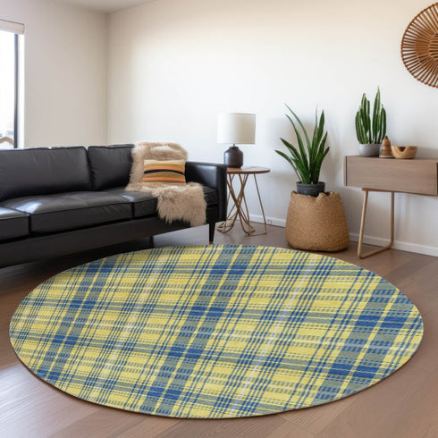 8' Yellow Ivory And Blue Plaid Washable Round Rug With UV Protection