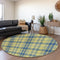 8' Yellow Ivory And Blue Plaid Washable Round Rug With UV Protection