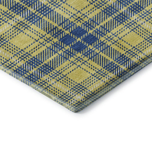 8' Yellow Ivory And Blue Plaid Washable Round Rug With UV Protection