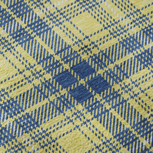 8' Yellow Ivory And Blue Plaid Washable Round Rug With UV Protection