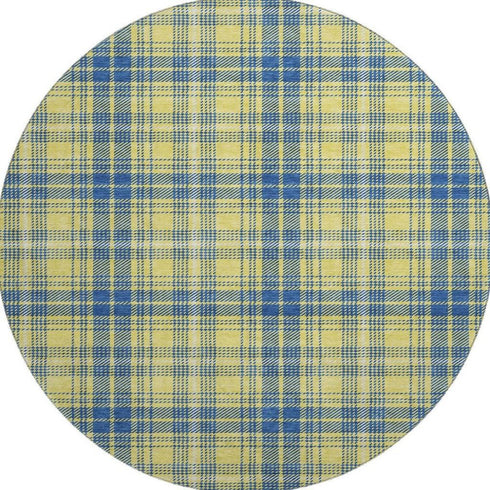 8' Yellow Ivory And Blue Plaid Washable Round Rug With UV Protection