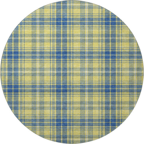 8' Yellow Ivory And Blue Plaid Washable Round Rug With UV Protection