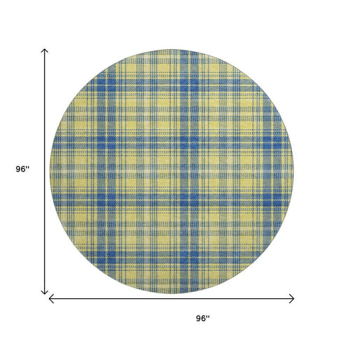 8' Yellow Ivory And Blue Plaid Washable Round Rug With UV Protection