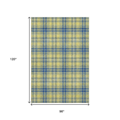 8' X 10' Yellow Ivory And Blue Plaid Washable Area Rug With UV Protection