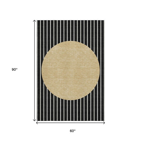 5' X 8' Black Ivory And Gold Striped Washable Area Rug With UV Protection