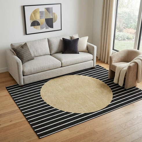 5' X 8' Black Ivory And Gold Striped Washable Area Rug With UV Protection