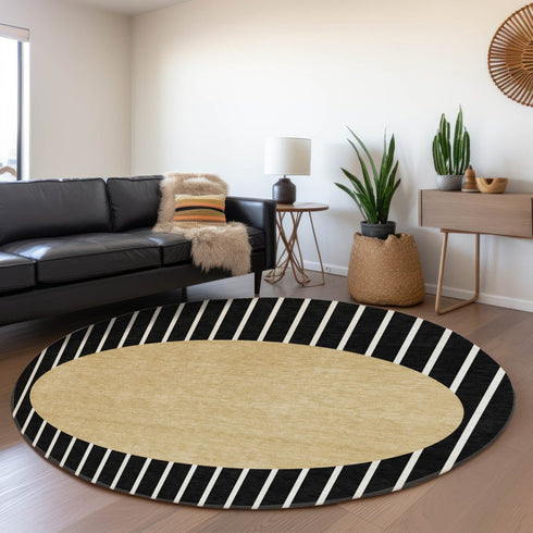 8' Black Ivory And Gold Striped Washable Round Rug With UV Protection