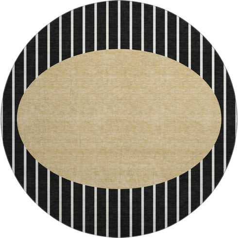 8' Black Ivory And Gold Striped Washable Round Rug With UV Protection