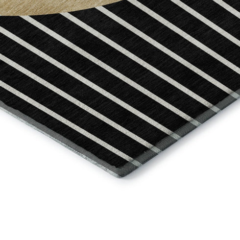 8' Black Ivory And Gold Striped Washable Round Rug With UV Protection