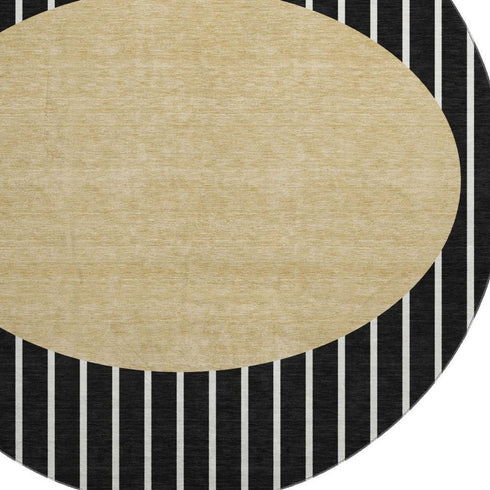 8' Black Ivory And Gold Striped Washable Round Rug With UV Protection