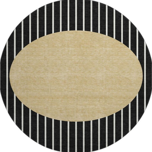 8' Black Ivory And Gold Striped Washable Round Rug With UV Protection