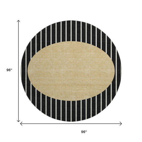 8' Black Ivory And Gold Striped Washable Round Rug With UV Protection