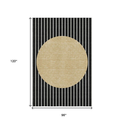 8' X 10' Black Ivory And Gold Striped Washable Area Rug With UV Protection