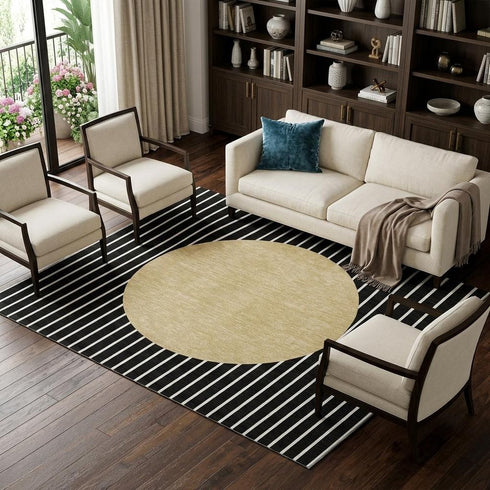 8' X 10' Black Ivory And Gold Striped Washable Area Rug With UV Protection