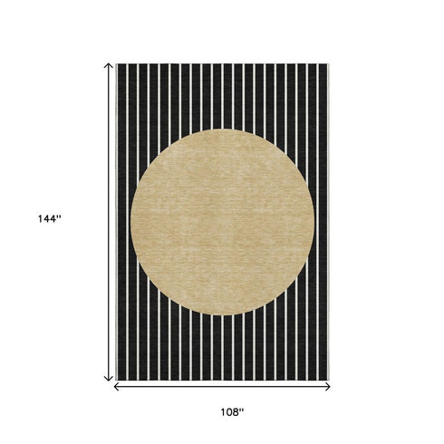 9' X 12' Black Ivory And Gold Striped Washable Area Rug With UV Protection