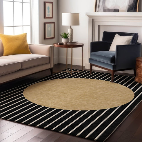 9' X 12' Black Ivory And Gold Striped Washable Area Rug With UV Protection
