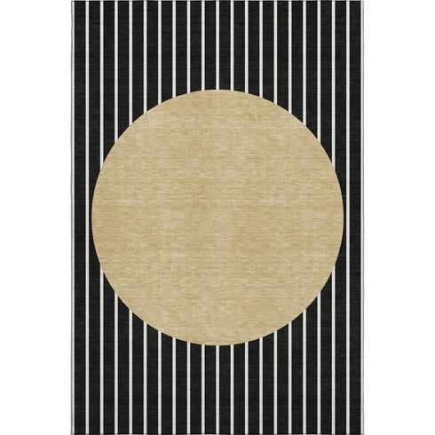 9' X 12' Black Ivory And Gold Striped Washable Area Rug With UV Protection