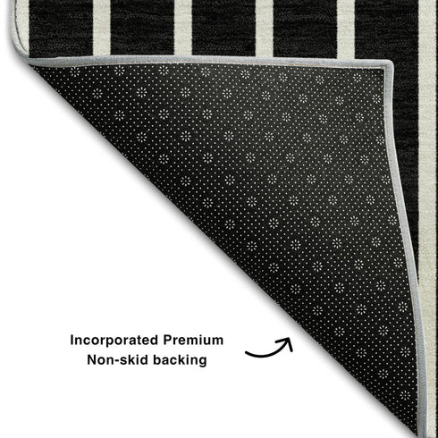 9' X 12' Black Ivory And Gold Striped Washable Area Rug With UV Protection