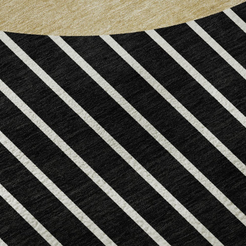 9' X 12' Black Ivory And Gold Striped Washable Area Rug With UV Protection