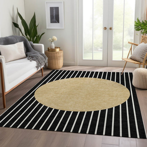 9' X 12' Black Ivory And Gold Striped Washable Area Rug With UV Protection