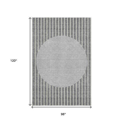 8' X 10' Gray Ivory And Silver Striped Washable Area Rug With UV Protection