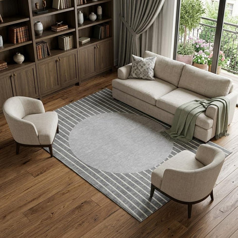 8' X 10' Gray Ivory And Silver Striped Washable Area Rug With UV Protection