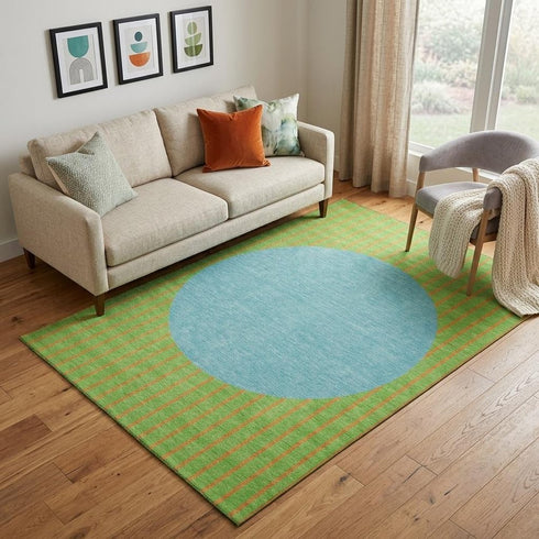 5' X 8' Lime Green Orange And Teal Striped Washable Area Rug With UV Protection