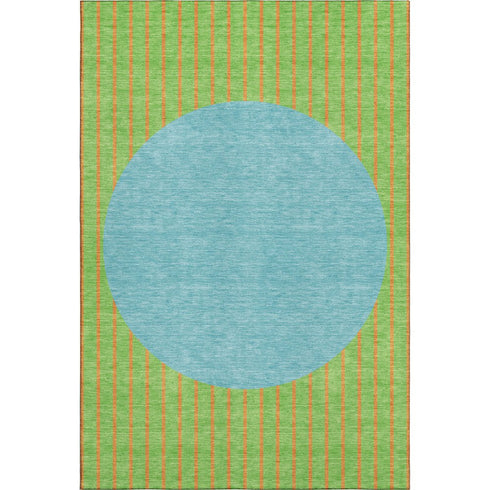 5' X 8' Lime Green Orange And Teal Striped Washable Area Rug With UV Protection