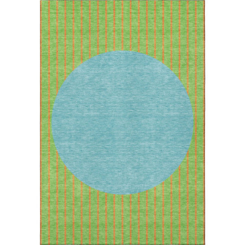 5' X 8' Lime Green Orange And Teal Striped Washable Area Rug With UV Protection
