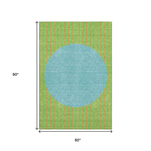 5' X 8' Lime Green Orange And Teal Striped Washable Area Rug With UV Protection