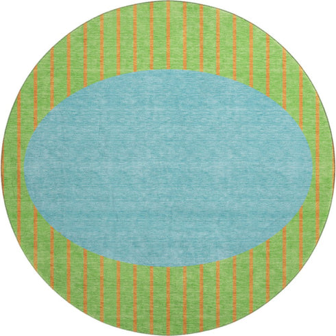 8' Lime Green Orange And Teal Striped Washable Round Rug With UV Protection