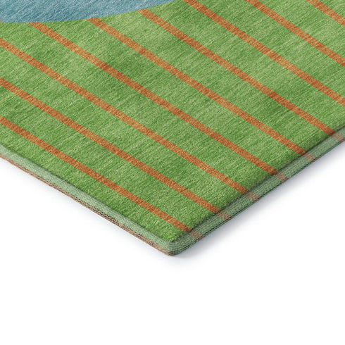 8' Lime Green Orange And Teal Striped Washable Round Rug With UV Protection