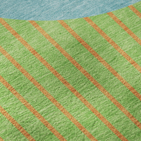 8' Lime Green Orange And Teal Striped Washable Round Rug With UV Protection