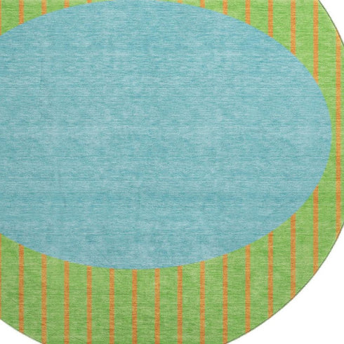 8' Lime Green Orange And Teal Striped Washable Round Rug With UV Protection