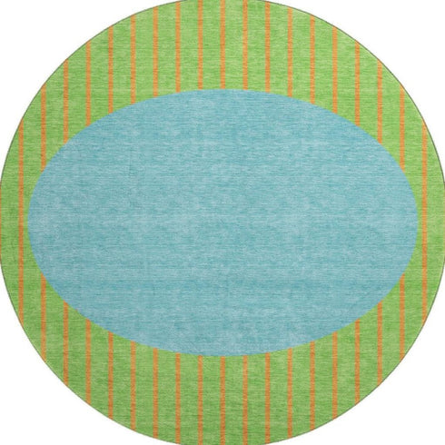 8' Lime Green Orange And Teal Striped Washable Round Rug With UV Protection
