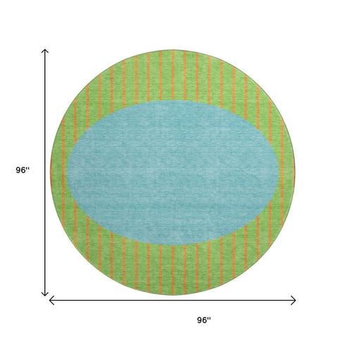 8' Lime Green Orange And Teal Striped Washable Round Rug With UV Protection
