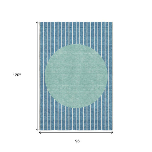 8' X 10' Teal Ivory And Aqua Striped Washable Area Rug With UV Protection