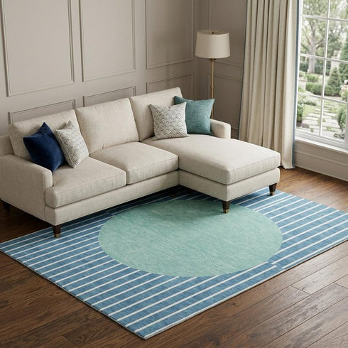 8' X 10' Teal Ivory And Aqua Striped Washable Area Rug With UV Protection
